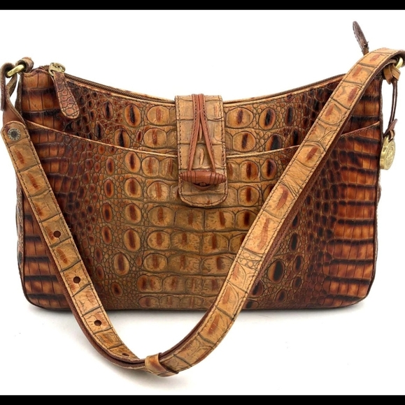 VINTAGE BRAHMIN BROWN CROC EMBOSSED OMBRE LEATHER SHOULDER BAG
